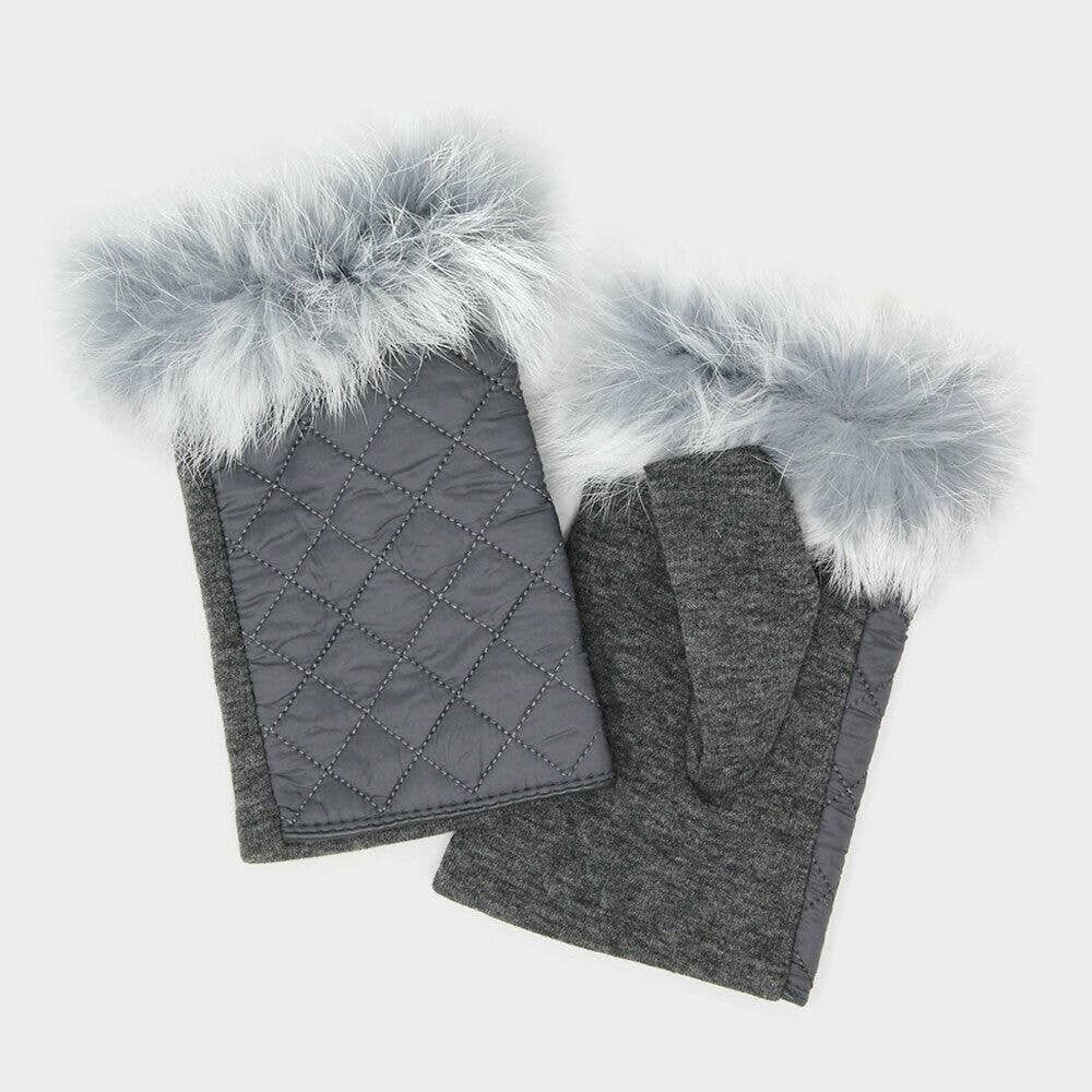 Qulted Faux Fur Trimmed Fingerless Gloves